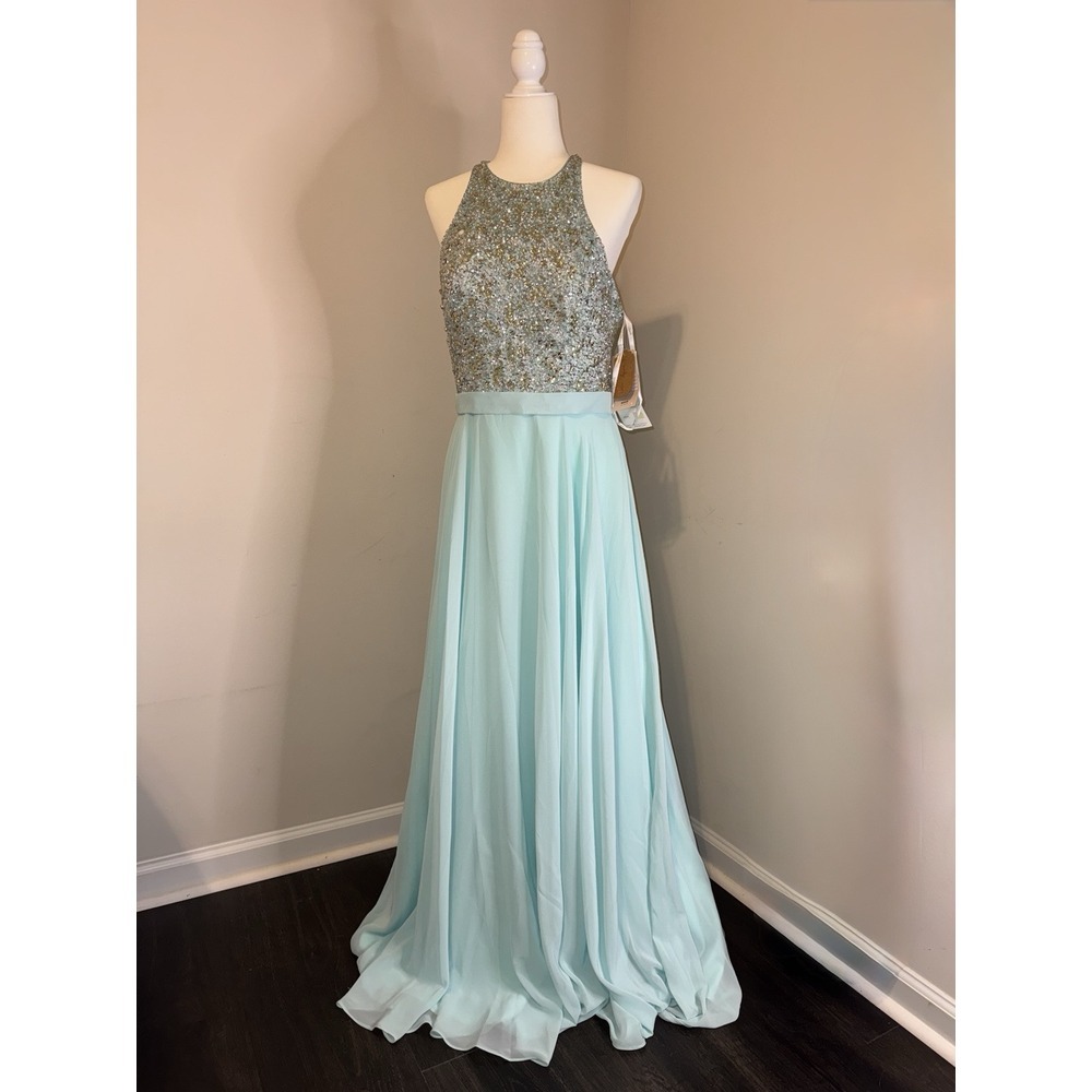Sparkle Size 14 Aqua Sequin Rhinestone‎ Race back Chiffon A-Line Prom Dress Gown